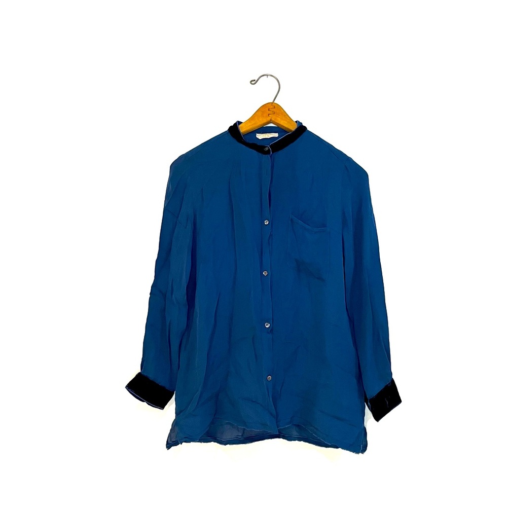 SHIRT Midnight Blue Sheer Blouse with Luxury Silk Velvet Trim
